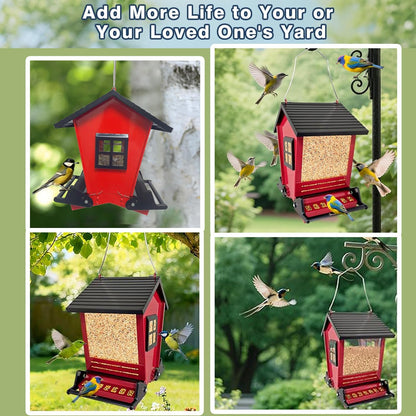LSCQYYCC-Bird Feeder Squirrel Proof Metal Hanging for Outdoor Wild Bird Seed, with Bilateral Weight-Activated Perches, Large Feeder That Attracts Cardinals, Chickadees, and More Birds-One in red