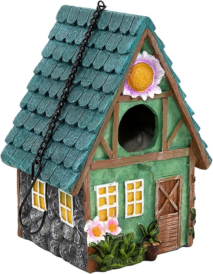Cottage-Style Hanging Birdhouse with Flower Accents – Hand-Painted Resin Decorative Bird House for Outdoors, Weather-Resistant Garden Decor for Small Birds