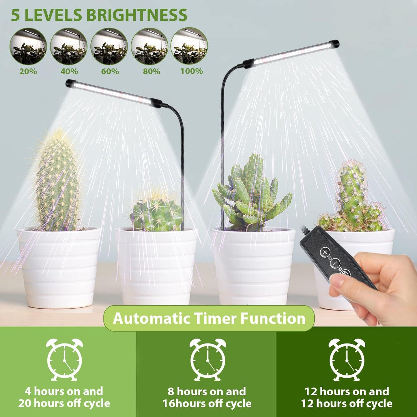 Juhefa Grow Light for Indoor Plants Growing, 6000K Full Spectrum Gooseneck Plant Lamp for Seedings Succulents Small Plants, Auto On/Off Timing & 5 Dimming, 3-Pack