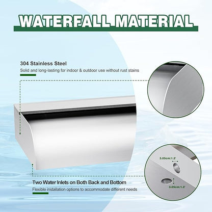 Pool Fountain Waterfall Spillway with Wider Water Flow Platform, Stainless Steel Waterfall with Pipe Connector Kits, Water Feature Spillway for Garden Decor, Patio, Ponds, 23."x11.8"x3.9"