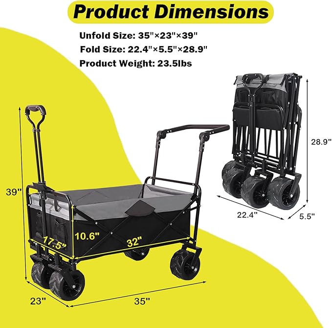 Collapsible Folding Wagon with Extra Push Pull Handle, Heavy Duty Utility Cart with Big All-Terrain Beach Wheels, Large Capacity Folding Garden Wagon for Shopping, Beach, Sports, Outdoor