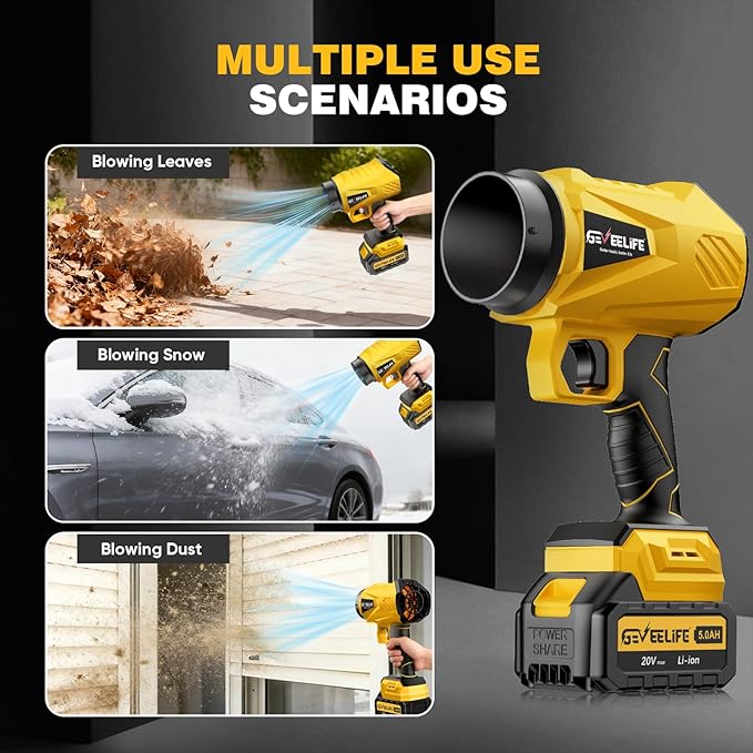 GEVEELIFE 2025 Upgraded Leaf Blower Cordless-800000 RPM Turbo Jet Blower with 2×5.0Ah Batteries & Fast Charger，Handheld Blower for Patio,Leaves, Lawn, Yard, Dust,Snow,Car Cleaning