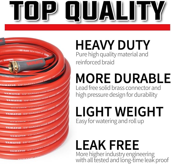 YAMATIC 50FT Garden Hose 5/8 Inch Heavy Duty Water Hose 300 PSI with 3/4 Inch GHT Brass Swivel Connectors – Flexible, Kink-Resistant, Leak-Free, All-Weather Use