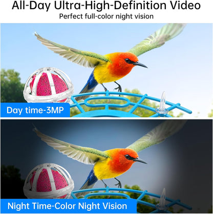 Smart Bird Feeder with Camera Solar Panel, Battery Powered 3MP HD Video Monitoring AI Recognition of 10,000+ Species Color Night Vision,Outdoor Waterproof,for Bird Watching