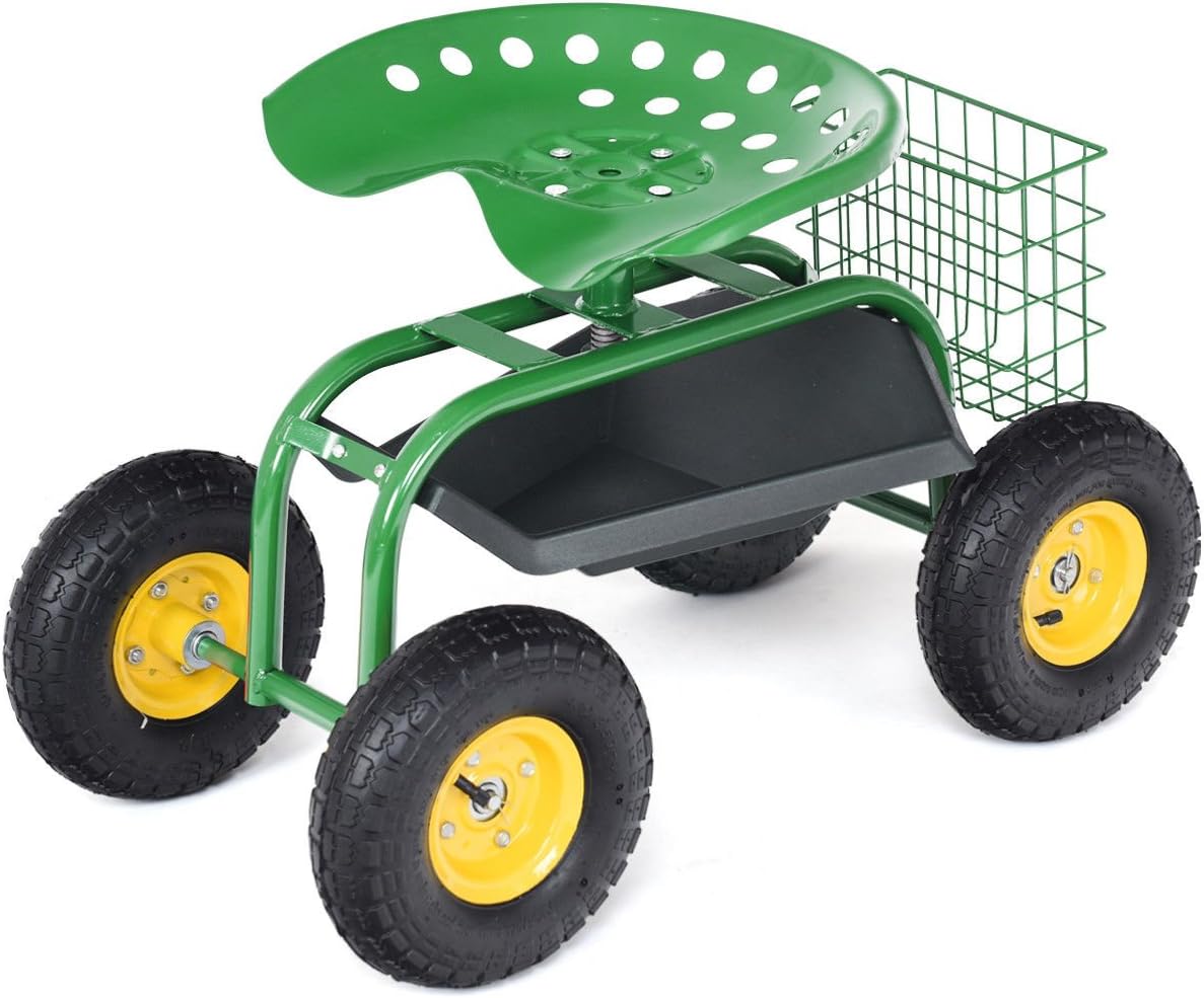 Giantex Rolling Garden Work Seat, 360 Swivel Gardening Workseat with Wheels, Tool Basket, Adjustable Height, Outdoor Scooter for Sitting, Gardening Stool Chair for Planting Trimming, Green