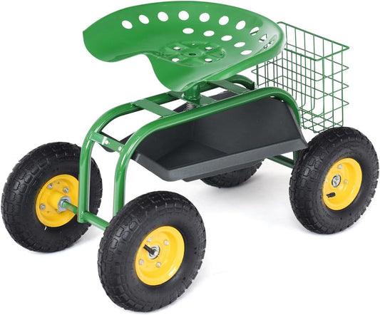 Giantex Rolling Garden Work Seat, 360 Swivel Gardening Workseat with Wheels, Tool Basket, Adjustable Height, Outdoor Scooter for Sitting, Gardening Stool Chair for Planting Trimming, Green
