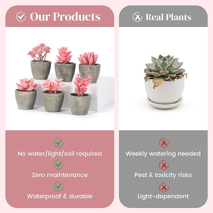 DomeStar 6PCS Small Fake Succulents Plants, Pink Artificial Plants Office Living Room Kitchen Bathroom Decor Desk Decor for Women