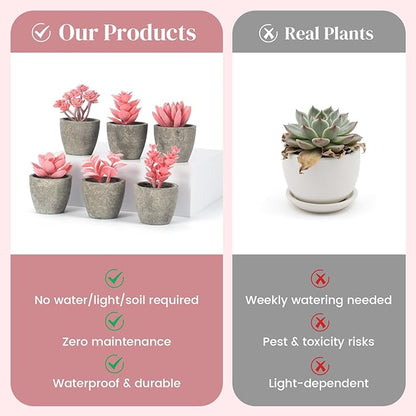 DomeStar 6PCS Small Fake Succulents Plants, Pink Artificial Plants Office Living Room Kitchen Bathroom Decor Desk Decor for Women