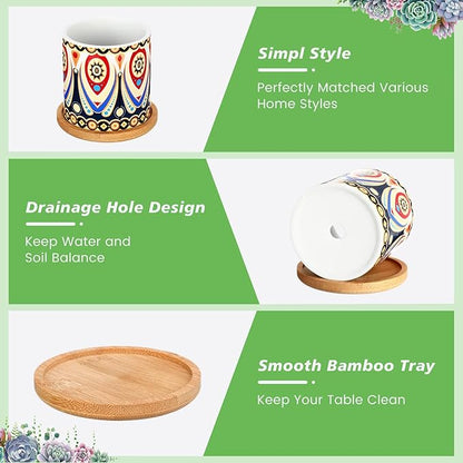 Zopeal 6 Pcs 3 Inch Succulent Pots Succulent Planters Cylinder Ceramic Pots Mandala Multicolor Cactus Pot with Drainage Holes and Bamboo Trays for Indoor Plants Flowers Garden Decoration(Basic)
