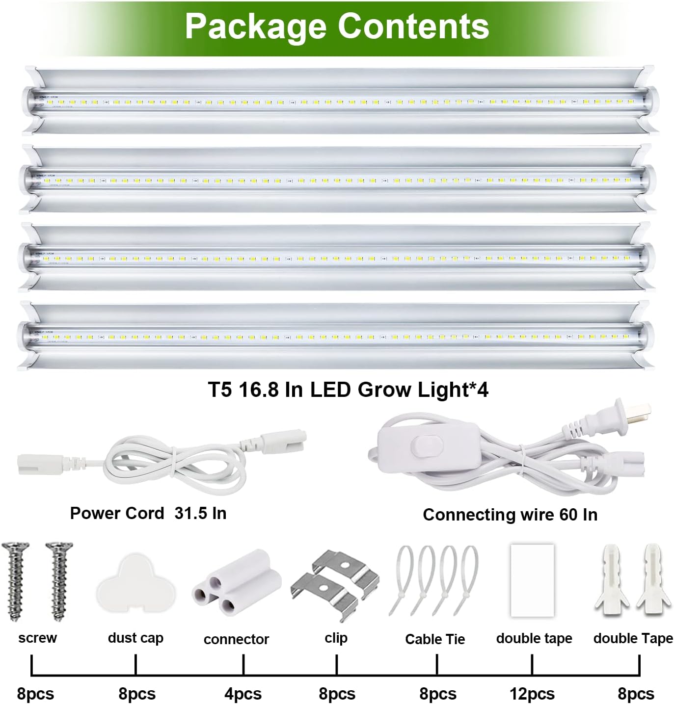 Grow Light T5 1.4 ft (4pcs x 10 Watts),5000K White Full Spectrum LED Lamp Plant Light Strips for Indoor Plant Growing,End-to-End Connectable with V-Shaped Reflector