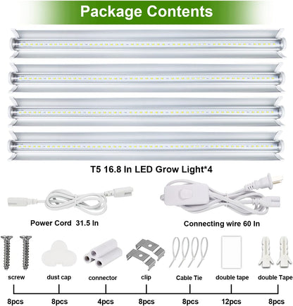 Grow Light T5 1.4 ft (4pcs x 10 Watts),5000K White Full Spectrum LED Lamp Plant Light Strips for Indoor Plant Growing,End-to-End Connectable with V-Shaped Reflector