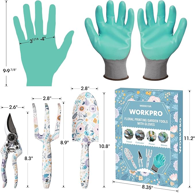WORKPRO Aluminum Garden Tool Set, 4PCS Heavy Duty Hand Garden Tools with Box Include Trowel, Rake, Pruner, Garden Gloves, Garden Gifts