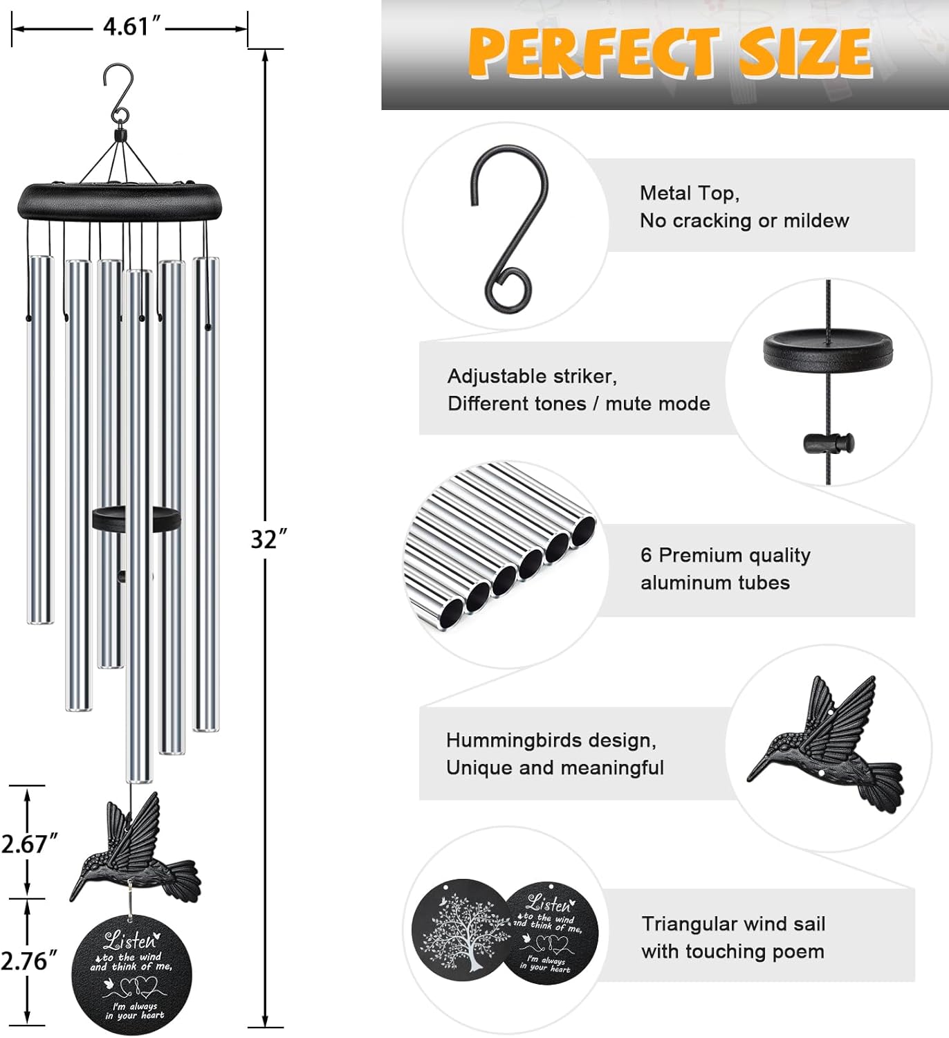 Sympathy Wind Chimes for Outside Deep Tone, Memorial for Loss of Loved One Prime, Bereavement Condolence Remembrance Funeral Gifts for Grieving Friends Loss of Mother Father