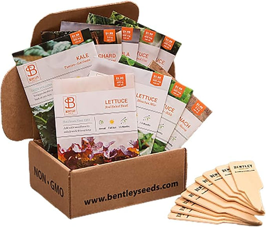 Seed Starter Kit – Salad Greens | Non-GMO | Heirloom Seed Packets | Natural Wood Row Markers | Over 100 Square Feet of Salad Greens