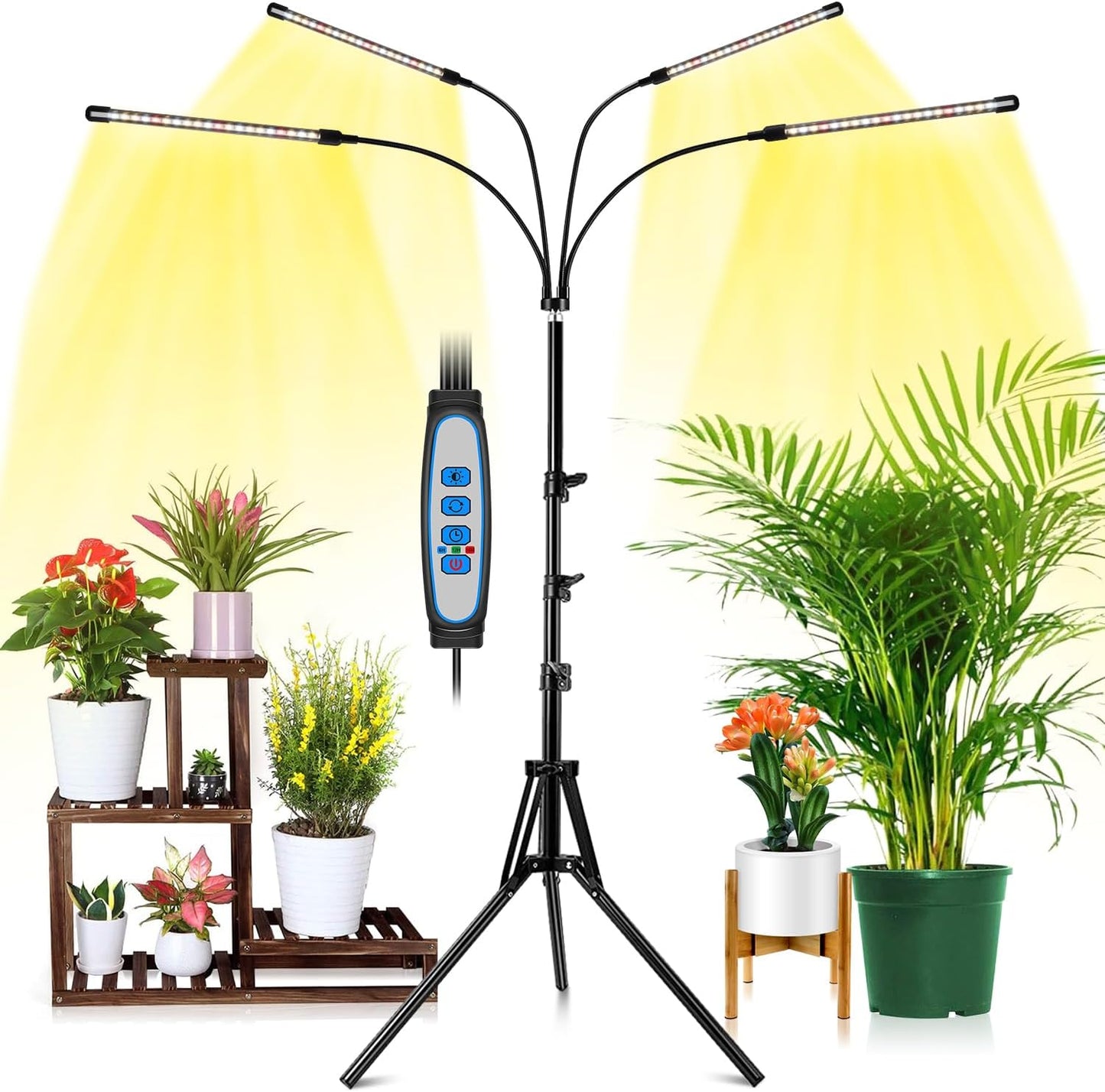 Wolezek Grow lights for Indoor Plants, 4-Head Full Spectrum LED Grow Light with Adjustable Tripod Stand 15-61 inches for Seed Starting, 3500K 6500K 660nm White Red Floor Plant Lamp with 6/12/16H Timer