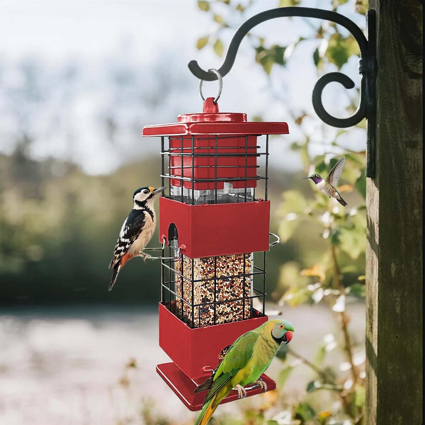 Squirrel Proof Bird Feeder for Outdoors Hanging, 3Lbs Metal Weight-Activated Birdfeeder with 4 Feeding Ports, Wild Birds Seed Feeder for Cardinal, Finch, Sparrow (Red)