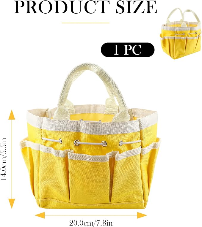 Small Garden Tote Bag Oxford Waterproof with 8 Pockets Gardening Plant Tool Organizer Storage Carrier Store for Outdoor Children (Yellow)