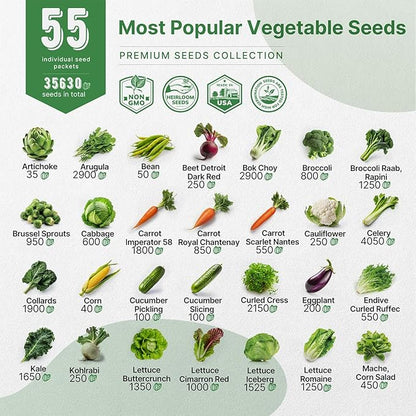 55 Vegetable Seeds Variety Pack - 35,600+ Non-GMO Heirloom Seeds for Planting Vegetables and Fruits in Individual Seed Packets, Home Garden Seeds for Hydroponic, Indoor and Outdoors Gardening