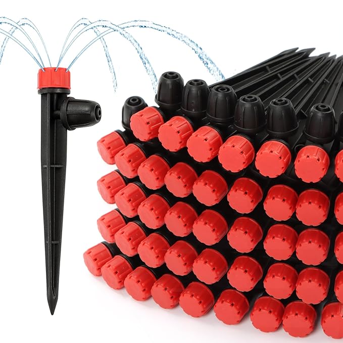 50pcs Drip Emitters for 1/4" Irrigation Tubing, Easy Connect Adjustable 360 Degree Water Flow Sprayer On 5" Stake for 4/7mm Tube Locked Drippers for Garden, Flower, Plant
