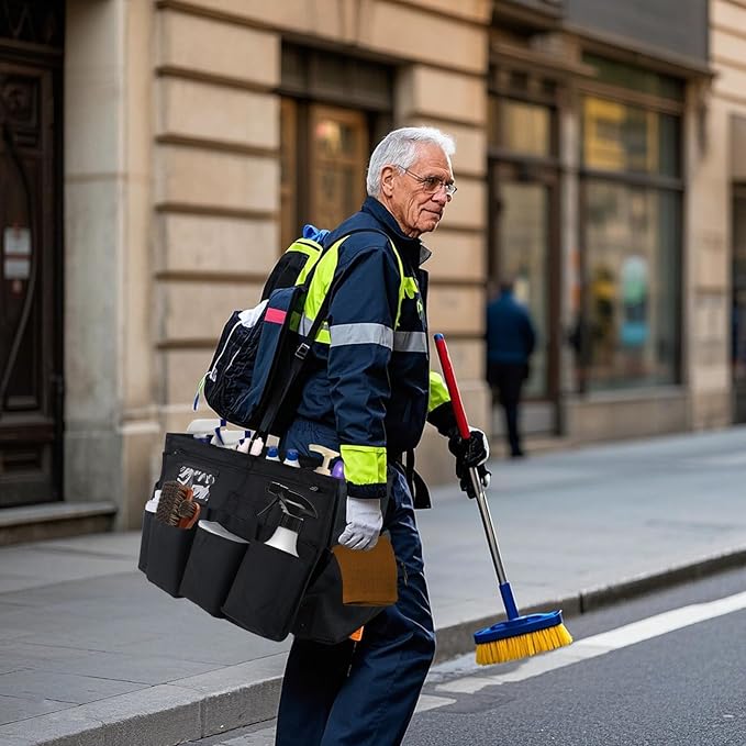 ZKOO Cleaning Bag Cleaning Caddy Organizer, Wearable Cleaning Caddy with Waist & Handles for Cleaning Tool Organizers, Extra-Large Cleaning Caddy Bag Adjustable Compartments for Housekeeping,Gardening