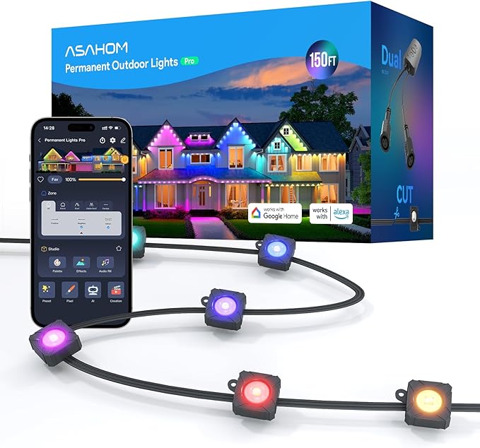 ASAHOM Permanent Outdoor Light Pro S108C, 150FT with 108 RGBCW 70lm LED, WLED Integration, AI Lighting, 30000 Lighting Effect Combination, IP67 Waterproof for Halloween Christmas Daily Decor, Black