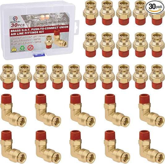 3/8” Quick Push to Connect Fittings Brass Male Straight and Elbow Combination DOT Approved 3/8" Tube OD x 1/4" NPT Thread Air Brake Line Adapter Air Suspension Kit Air Hose Repair Kit 30pcs