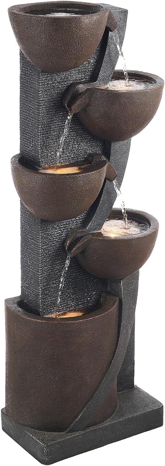 VEVOR Outdoor Water Fountain, 49.61 in Height Fountain and Waterfall, 5-Tier Floor Standing Jar-Shaped Cascading Fountains with LED Light and Pump, for Outdoor Indoor Garden, Home, Patio & Backyard