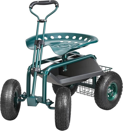 VEVOR Garden Cart Rolling Workseat with Wheels, Gardening Stool for Planting, 360 Degree Swivel Seat, Wagon Scooter with Steering Handle & Utility Tool Tray, Use for Patio, Yard, and Outdoors, Green