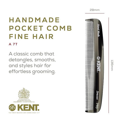 Kent 7T G All Fine Tooth Pocket Comb - Handmade Hair Grooming and Styling Comb for Travel, Mustache, Beard - Saw Cut and Hand Polished for Wet or Dry Use with Balms