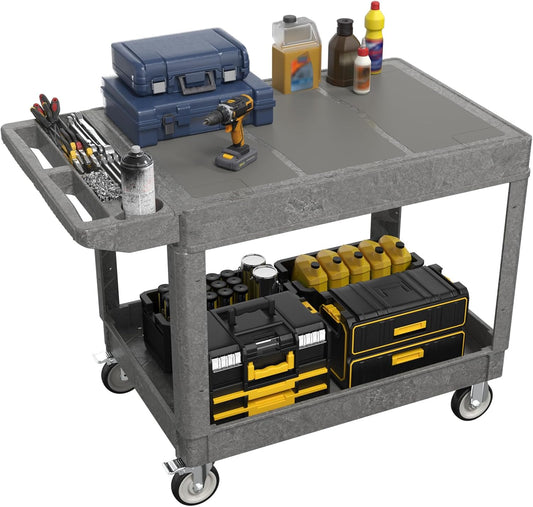 Large Garage Flat Top Utility Cart, Heavy Duty 2 Shelf Tool Cart Service Cart Rolling Push Carts with Ergonomic Handle 5" Swivel Casters.