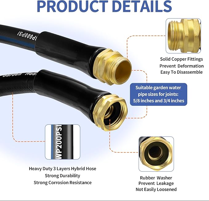 75 FT Garden Hose, Flexible No Kink Heavy Duty Garden Water Hose Flex Copper Bullet Collapsible Washer Rubber Hose 5/8" Soft Lightweight Outdoor Waterhose Manguera Para Jardin