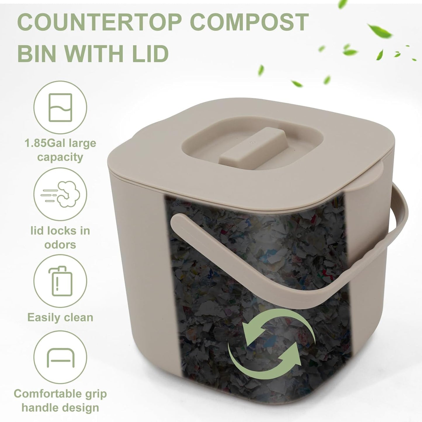 Stylish Kitchen Compost Bin- 1.85 Gal/ 7L Countertop Compost Bin with Lid, Inner Sieve for Separating Liquid from Food, Easy to Clean (Khaki, 1.85GAL)
