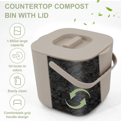Stylish Kitchen Compost Bin- 1.85 Gal/ 7L Countertop Compost Bin with Lid, Inner Sieve for Separating Liquid from Food, Easy to Clean (Khaki, 1.85GAL)
