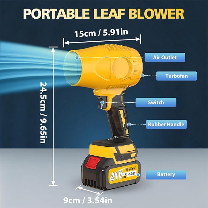 ALSO GO Leaf Blower Cordless with 21V Battery and Charger, Portable Lightweight Handheld Design, 500,000RPM Turbo Jet Blower with 3 Nozzles for Patio Cleaning, Lawn Care, Leaves and Dust
