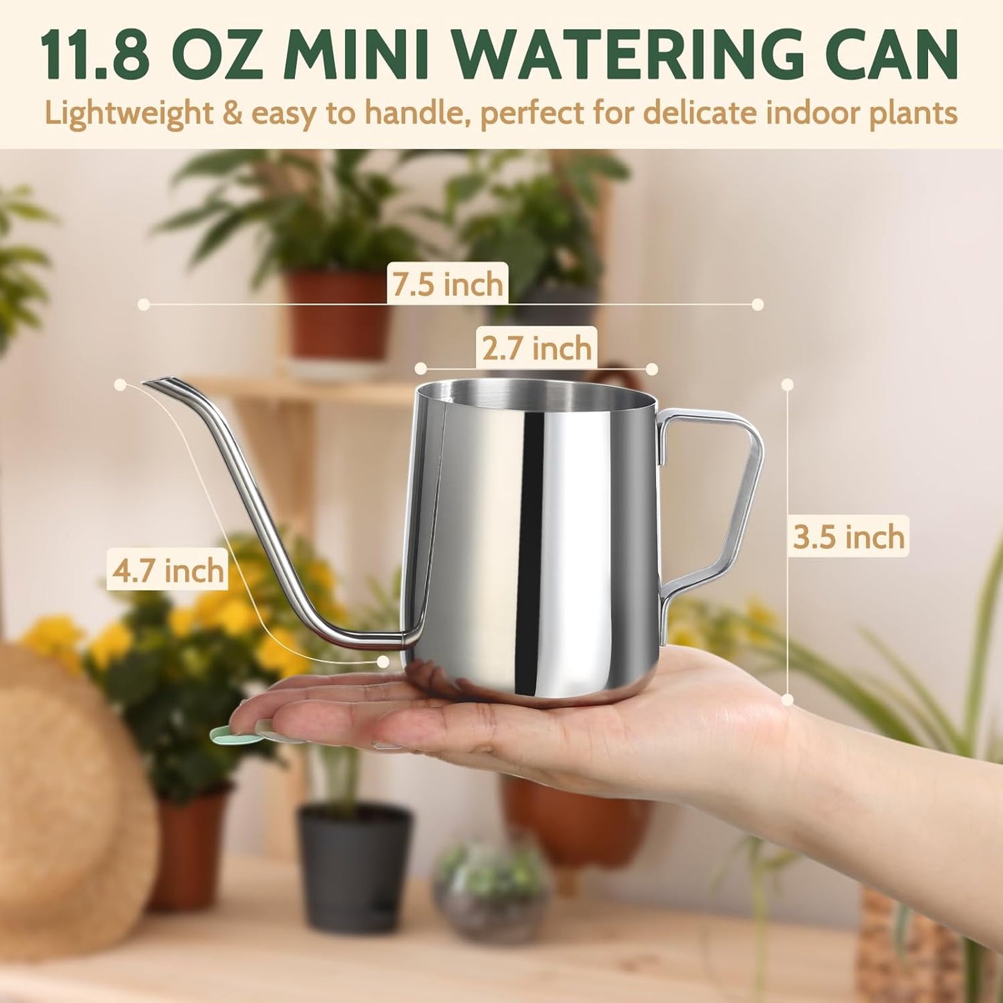 Small Watering Can Indoor Plants - 12 oz Mini Metal Watering Can with Long Spout Rust-Proof Stainless Steel Tiny Watering Pot for Small Indoor Plants Home & Office