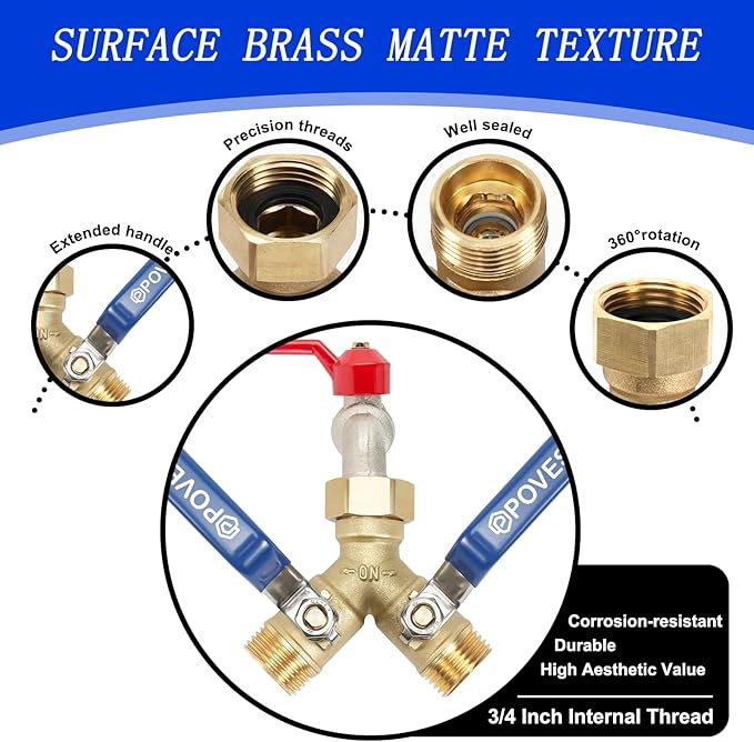 2 Way Brass Garden Hose Splitter Heavy Duty, Full Flow Y Valve Water Hose Splitter With Anti-Pinch Finger Long Raised Handle, 3/4" GHT Thread Water Tap for Gardening