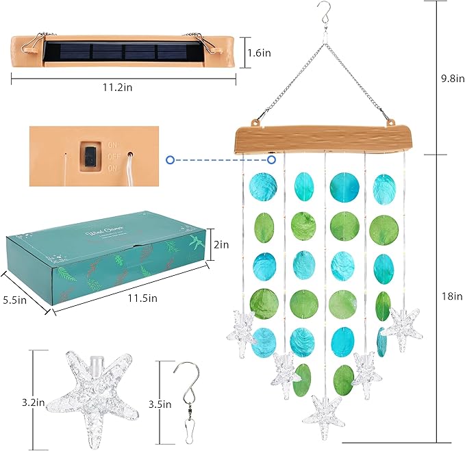 Toodour Solar Wind Chimes for Outside, Birthday Gifts for Women Mom Grandma, Waterproof 2 Modes Shells Solar Powered Outdoor Lights for Patio Holiday Garden Porch Yard Outdoor Decor - Blue & Green