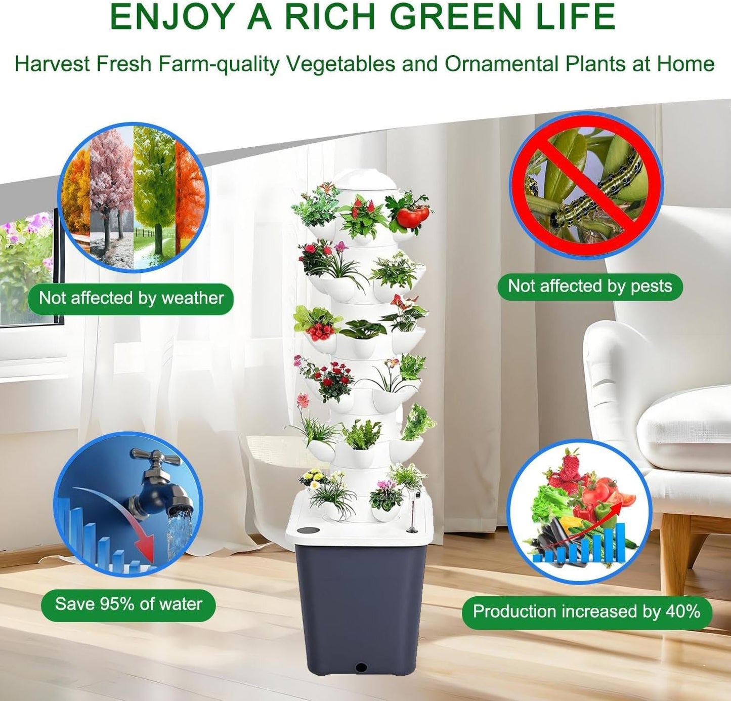 Hydroponic Tower Growing System - 30 Pods Indoor Garden Vertical Hydroponics Growing System Kit with Water Pump & Timer for Strawberries, Tomatoes, Lettuce, Herbs