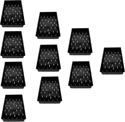 SUNPACK 10" x 20" Heavy Duty Shallow Plastic Seed Starting Tray, Black, 1" (Pack of 10) - Lined with Drainage Holes for Excess Water and Aeration, Ideal for Greenhouses or Indoor Gardening