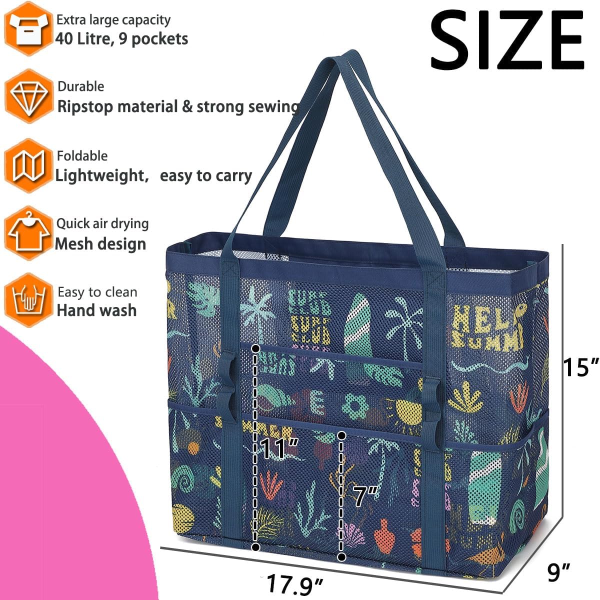 Mesh Beach Bag, Large Beach Tote with Zipper Pocket for Family Pool Bag for Toys & Vacation Essentials