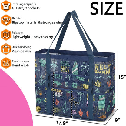 Mesh Beach Bag, Large Beach Tote with Zipper Pocket for Family Pool Bag for Toys & Vacation Essentials