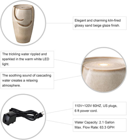 Glitzhome 21.25" H Ceramic Vase Outdoor Water Fountain Tall Patio Garden Water Fountain with LED Light and Submersible Pump Yard Art Decor, Sand Beige