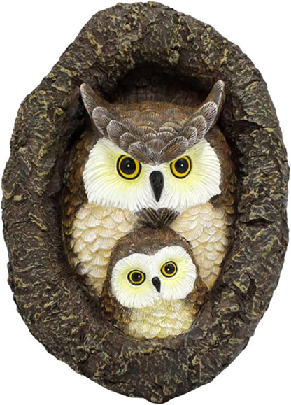 Owl Garden Statues Outdoor Decor, Fake Owl Mum and Baby Decoy to Scare Birds Away, Tree Face Decor Resin Figurine Sculpture Garden Peeker Yard Art Decoration for Patio Housewarming Gifts