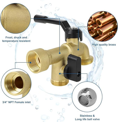 Double Outdoor Faucet, Outside Tap Garden Water Faucet Wall Mounted 3/4 inch NPT Female Inlet & Two Outlets, Frost-proof Brass Outside Spigot for Home Balcony Hose Connector (Copper 3/4" Female Inlet)