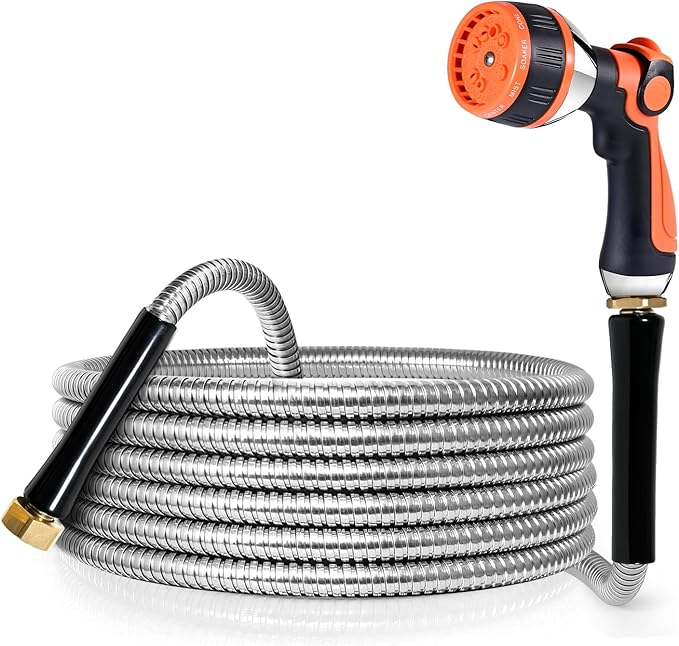 YAMATIC 25FT Stainless Steel Garden Hose with 10 Pattern Spray Nozzle, Heavy Duty Metal Water Hose, Kink-Free, Rust Resistant Hose for Yard, Lawn, RV, Outdoor