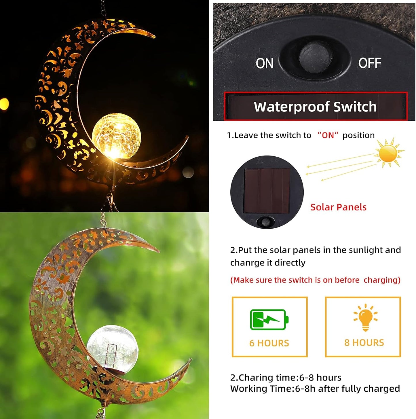 Solar Wind Chimes, Sun Wind Chime Outdoor Clearance w/Glowing Crackle Glass LED Unique Wind Bells for Outside Waterproof Chimes, Gifts for Her/Him (42" Long Metal Chimes)…