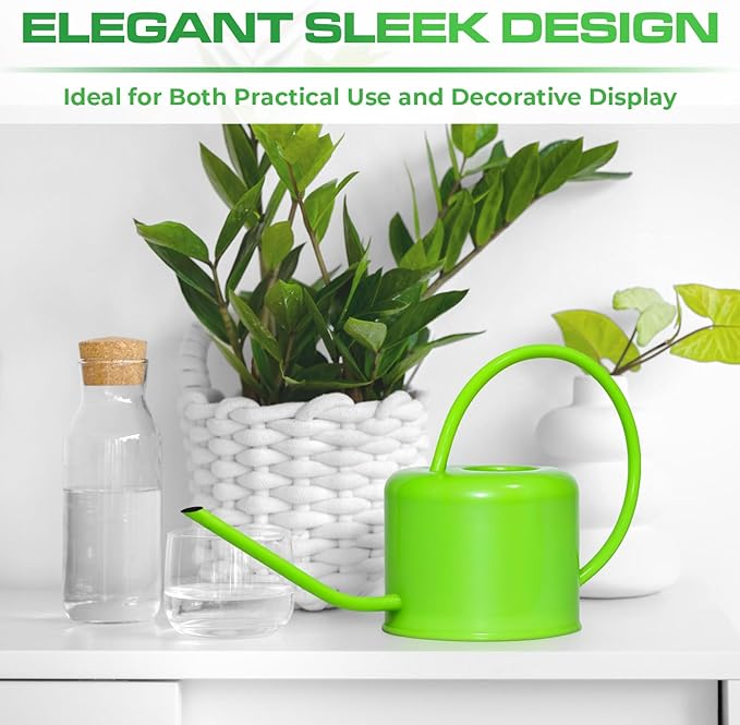Plexon 40 oz Green Powder Coated Steel Watering Can Indoor Plants - Long Spout Watering Can Outdoor House Plant Flower, Garden