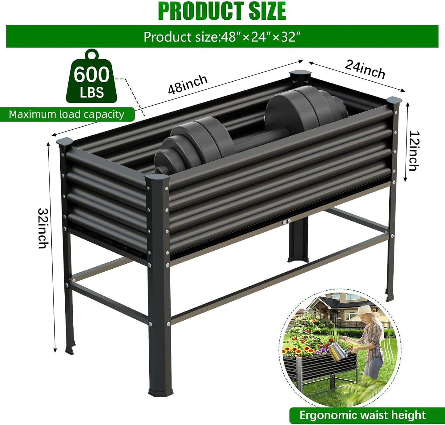 Galvanized Raised Garden Bed with Legs,48×24×32in Large Metal Elevated Raised Planter Box ,Raised Garden Bed,600lb Capacity with Drainage Holes for Vegetables Lawn Green Flowers, Fruits, Terrace
