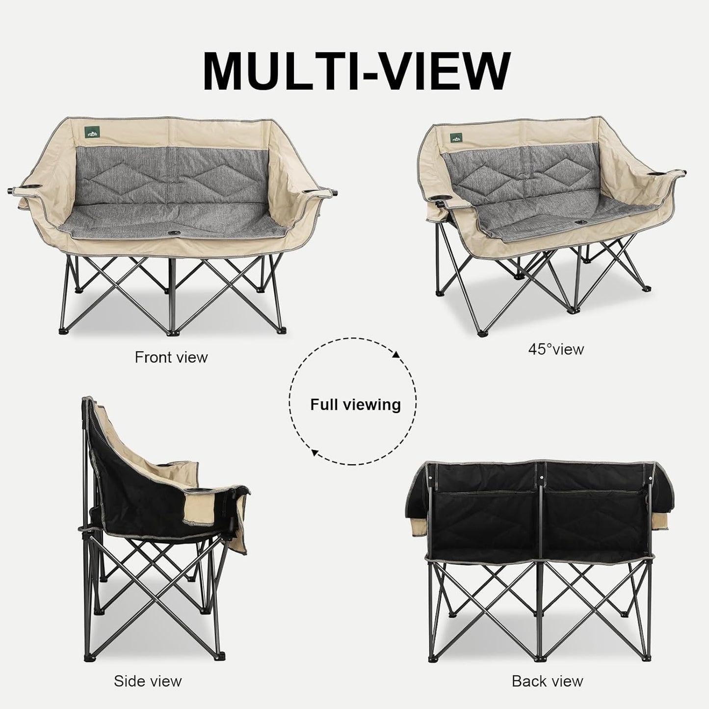 Northroad Folding Loveseat Camping Chair Portable Double Duo Full Padded Garden Chair for 2 Person Sofa w/ 2 Cup Holder,Wine Glass Holder,Mesh Storage,Support 600lbs for Picnic Beach Travel (Beige)