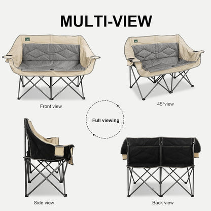 Northroad Folding Loveseat Camping Chair Portable Double Duo Full Padded Garden Chair for 2 Person Sofa w/ 2 Cup Holder,Wine Glass Holder,Mesh Storage,Support 600lbs for Picnic Beach Travel (Beige)